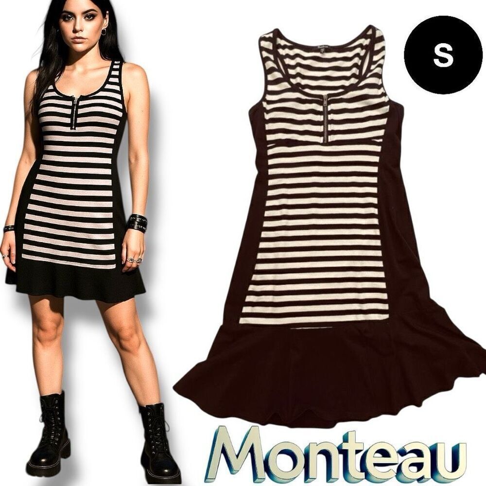 Monteau stripe dress Black White Sleeveless size Small Goth Versatile